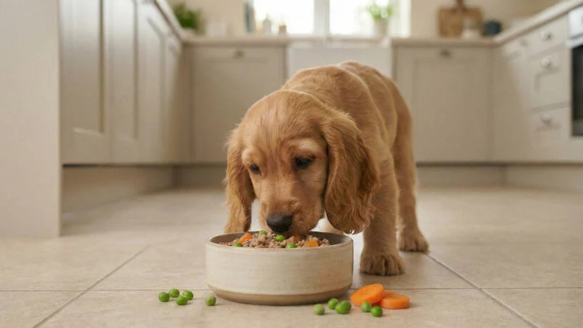 puppy eating from bowl kibble food bowl fresh wate