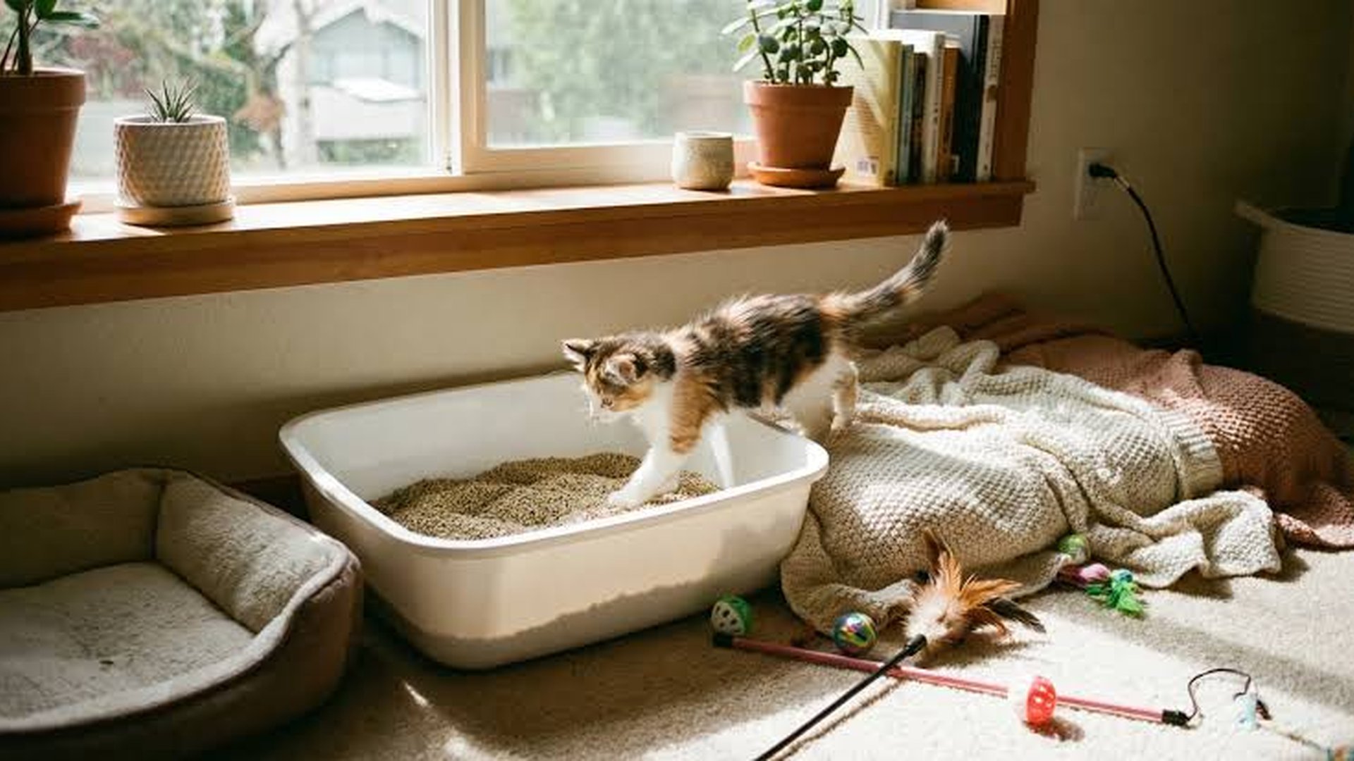 kitten using litter box quiet corner soft litter b